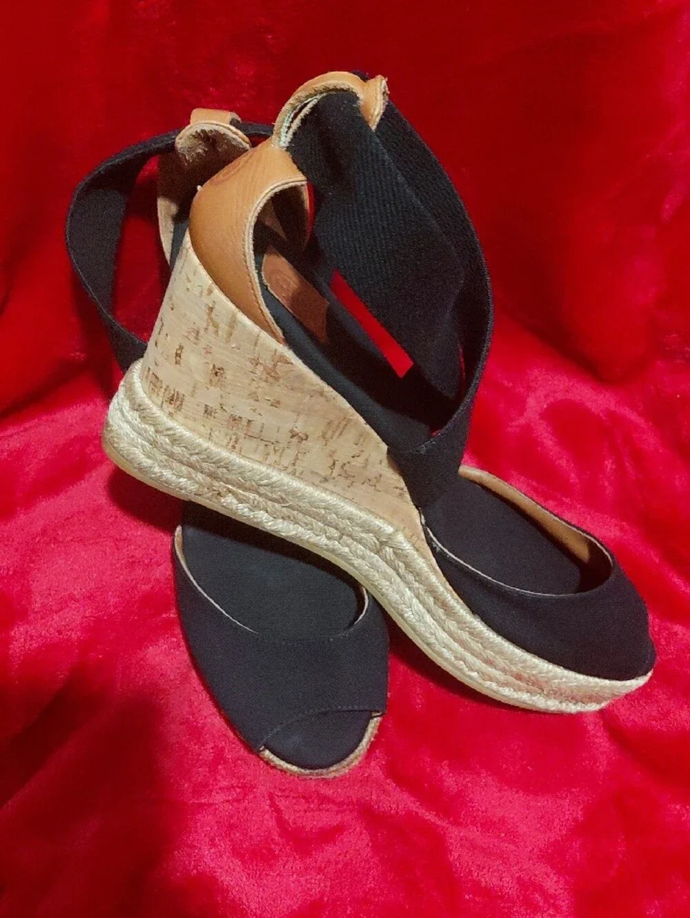 Tory Burch Black and Tan Espadrille Wedge Sandals